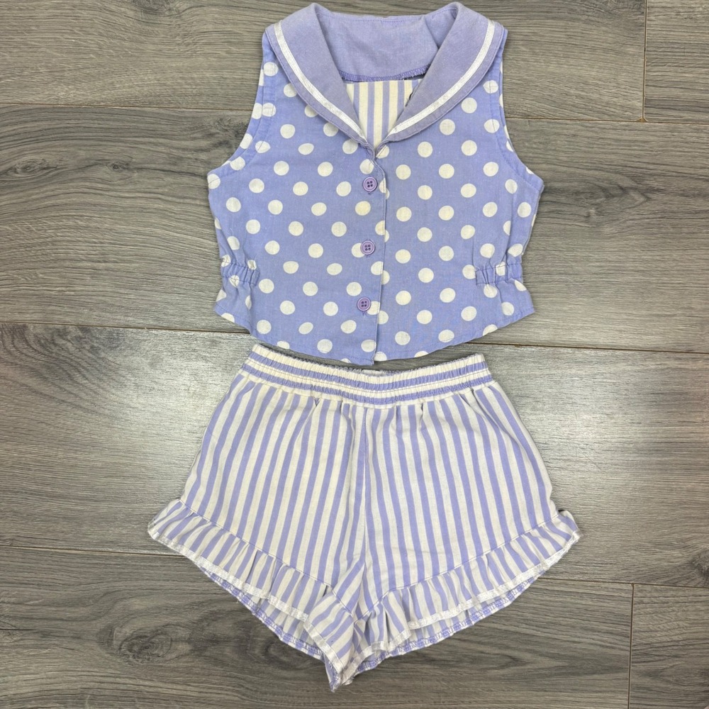 Vintage Code One Sport Girls Sailor Set Purple Polka Dot Top Striped Shorts Sz 4